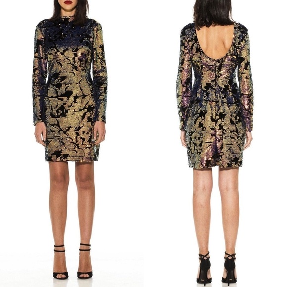 Alexia Admor Mock Neck Iridescent Sequin Gold Black Dress NWT